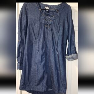 NWOT Cato's Sz S Knee Length Denim Dress Trapeze Lace Up V-Neck w Long Sleeves
